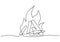 Bonfire in one line art drawing style. Continuous single line hand drawn of campfire isolated on white background. Camping theme