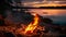 Bonfire on the shore of a lake at sunset in Finland, Wild campfire in a national park in Sweden, AI Generated