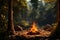 Bonfire in the tourist camp, water is heated in a metal mug. Beautiful summer evening, live fire warms tourists and