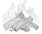 Bonfire - vector linear picture for coloring. Outline. Burning firewood - element for coloring book. A bonfire made of chopped log