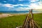 Bonfire of wood on the beach near the sea. around the decorated stones.