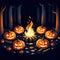 Bonfires with pumpkins in a dark forest, no background, printable, cartoonish, fantasy