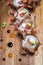 Bonito Maki Sushi - Rolls with Fresh Salmon, Cucumber and Cream Cheese inside. Dried Shaved Bonito outside