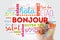 Bonjour Hello Greeting in French word cloud in different languages of the world