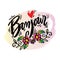 Bonjour lettering with flower.