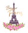 Bonjour Paris illustration with Eiffel Tower, gold lettering and pink roses flowers. France symbol on white background