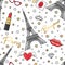 Bonjour Paris seamless fashion pattern with gold glitter stars, lipstick, heart, lips, sunglasses and Eiffel Tower on white