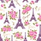 Bonjour Paris seamless pattern with Eiffel Tower, gold lettering and pink roses flowers. France symbol on white background