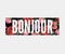 Bonjour slogan. Perfect for pin, card, t-shirt design, poster, sticker, print. Vector illustration