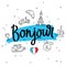 Bonjour. Word hello in French. Fashionable calligraphy.