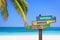 Bonne annee 2019 meaning happy new year in French on a colored wooden direction signs, beach and palm tree