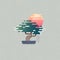 Bonsai illustration. Small Japanese pine and pink sun on shabby background.