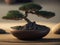 Bonsai pots on the sand floor decorate the garden in Japanese zen style.Generative AI