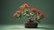 Bonsai Tree Blooming With Red Flowers On A Green Background