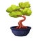 Bonsai tree with twisted trunk, foliage in ceramic pot in cartoon style, asian mini plant isolated on white background