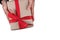 Bonus human man hand give a present Brown Gift box bow tie Red ribbon isolated On White background with clipping path top view