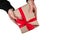 Bonus human man hand give a present Brown Gift box bow tie Red ribbon isolated On White background with clipping path top view