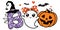 Boo Cute Ghost girl Halloween vector illustration with pumpkin, hearts, and bats. Girls Halloween design isolated.