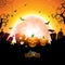 Boo, Happy Halloween design with typography lettering, moon, flying bats and cemetery on orange night sky background