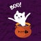 Boo. Scary cute ghost cat frightens and jumps from the pot with potion. Fish skeleton drawing on the bowler. Halloween cartoon