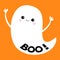 Boo text. Flying ghost spirit . Happy Halloween. Scary white ghosts. Cute cartoon spooky character. Smiling face, frightening scar