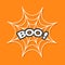 Boo text. Spider round web. Cobweb white. Decoration element. Happy Halloween Greeting card. Flat design. Orange background.