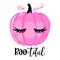 Boo-tiful Boo beautiful - hand drawn pink pumpkin with lashes and lettering phrase.