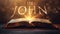 Book of 3 John. Open bible revealing the name of the book of the bible in a epic cinematic presentation.