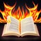 The book burns with fire on a black background.