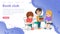 Book club concept small people reading books. Vector landing page template with children in library