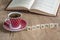 Book and coffee cup on table with the word of romance