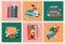 Book concepts set. Happy readers reading books and flying, laying , sitting everywhere. Flat trendy retro vector