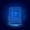 Book, cross symbol neon icon. Blue neon vector icon. Smoke effect blue