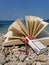 Book, eyeglasses, cigarette on beach