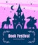 Book Festival Banner Template, Silhouette of Fairytale Magic Castle, Dragon and Unicorn on Sunset Background, Can Be