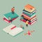 Book festival poster. Miniature of education books with reading young people. Library vector banner