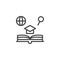 Book with Graduate hat, globe and magnifier outline icon