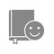 Book with happy smiley face grey icon. Good literature, best choise, positive feedback sign