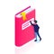 Book icon. Isometric style. Man reaches for a bookmark. Thirst for knowledge. Can use for web banner, infographics, hero