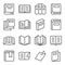 Book icons set vector illustration. Contains such icon as Open book, Bookmark, Magazine, Novel and more. Expanded Stroke