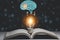 Book and light bulb style vintage with brain icon dark background,Concept The idea of reading books, knowledge, and searching for