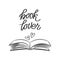 Book lover, lettering with open book and hearts, sketch. Calligraphy handwritten inscription, quote. Children\\\'s print