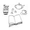 book is open, candle, tea, teapot, cup, flower in a pot. reading concept. sketch hand drawn doodle style. vector