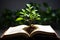 Book pages nurture a thriving green plant, a symbol of knowledge growth