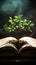 Book pages nurture a thriving green plant, a symbol of knowledge growth