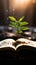 Book pages nurture a thriving green plant, a symbol of knowledge growth