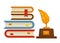 Book pile and gold feather award isolated objects writer profession