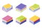 Book pile isometric - vector illustration set of stacks of lying colorful paper textbooks with hard cover.