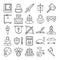 Book, poison, dagger, banner, hammer, decapitate, castle icons set. Vector minimalistic illustrations pack