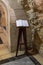 The book with reviews of visitors lies on the stand in the Church of Saint Anne near Pools of Bethesda in the old city of Jerusale